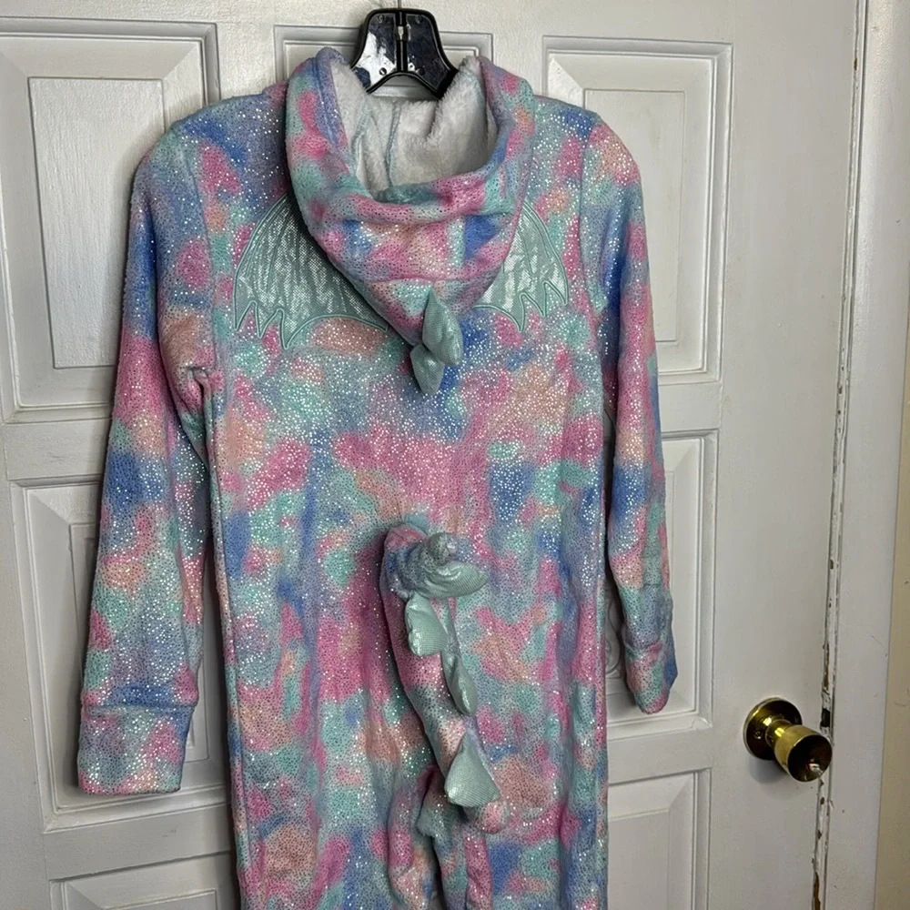 Justice Girls Tie Dye Sparkly Dragon Hooded Pajamas With Removable Tail 8